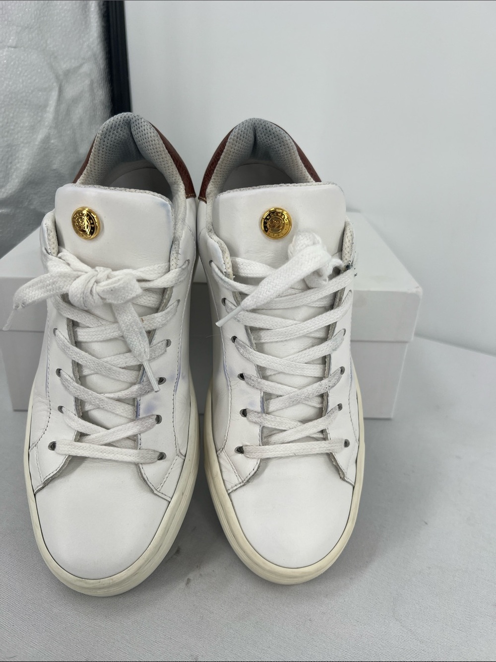 Longchamp White Leather Sneakers with Gold Emblem and Brown Heel